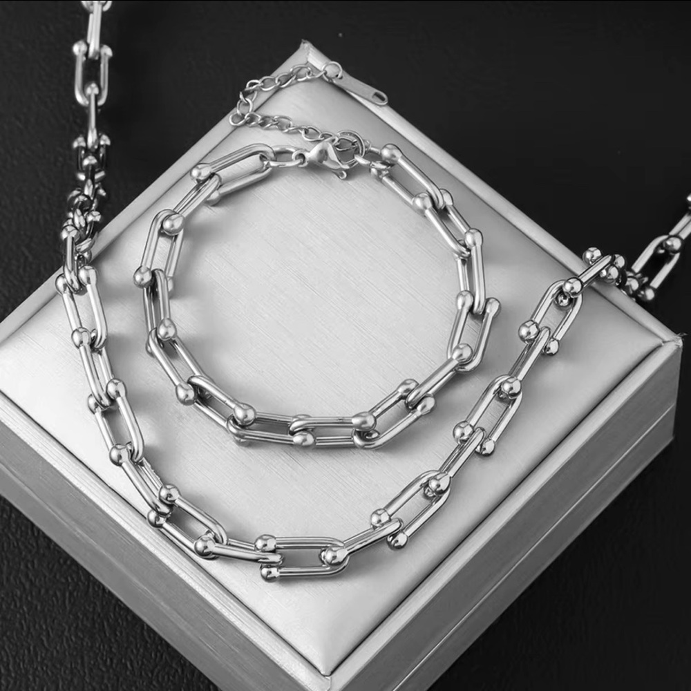 Hardware Graduated Silver Chain Link Necklace and Bracelet Set